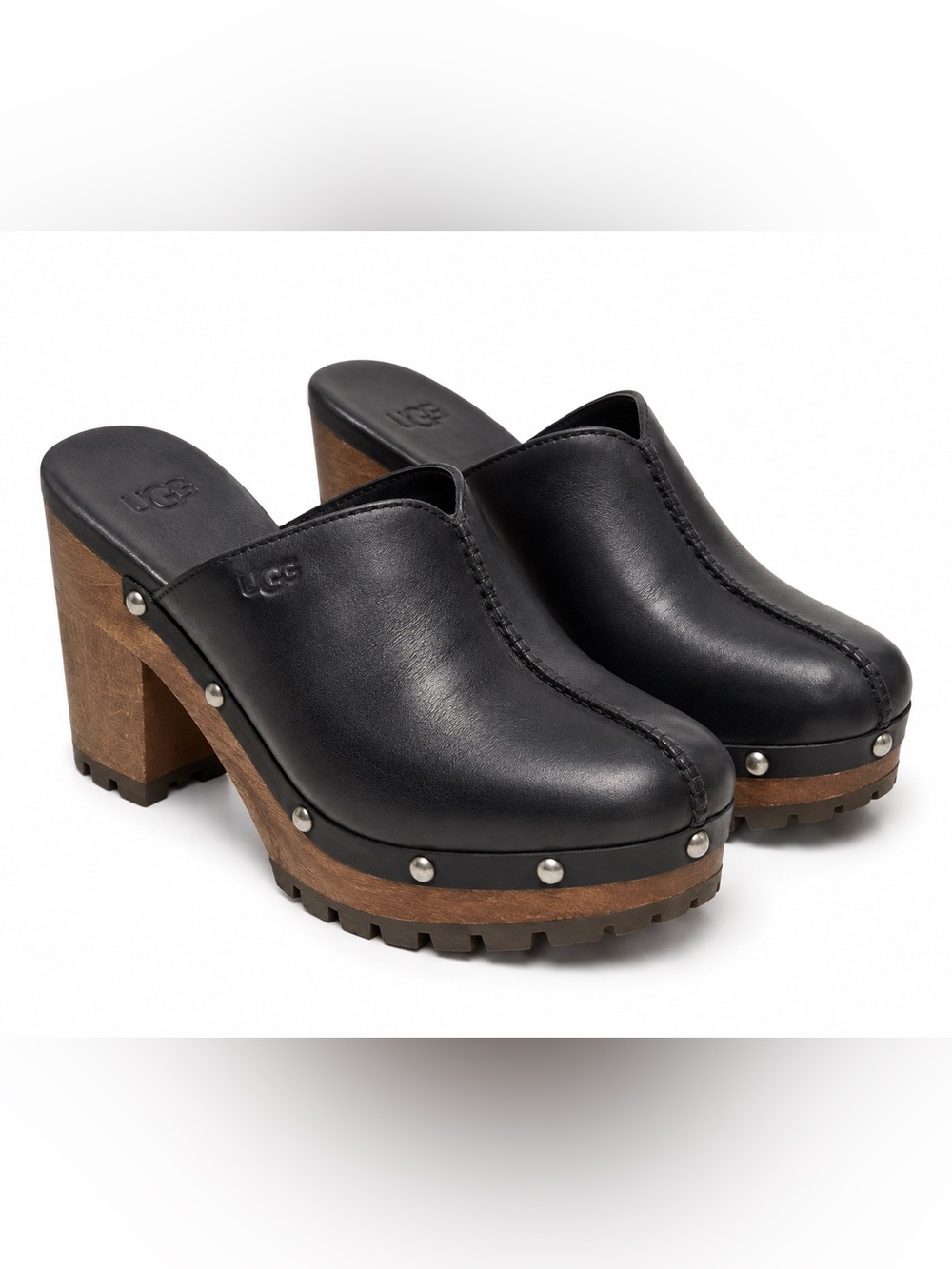 UGG Judi Black Leather Studded Wood Heel Clogs Mules Size 9